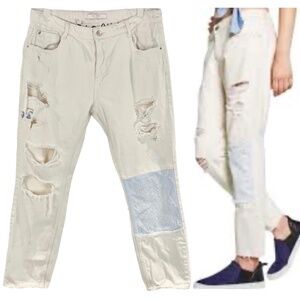 Zara Ripped Distressed Embroidered Patch Jeans Don't Look Back White Blue Size 6
